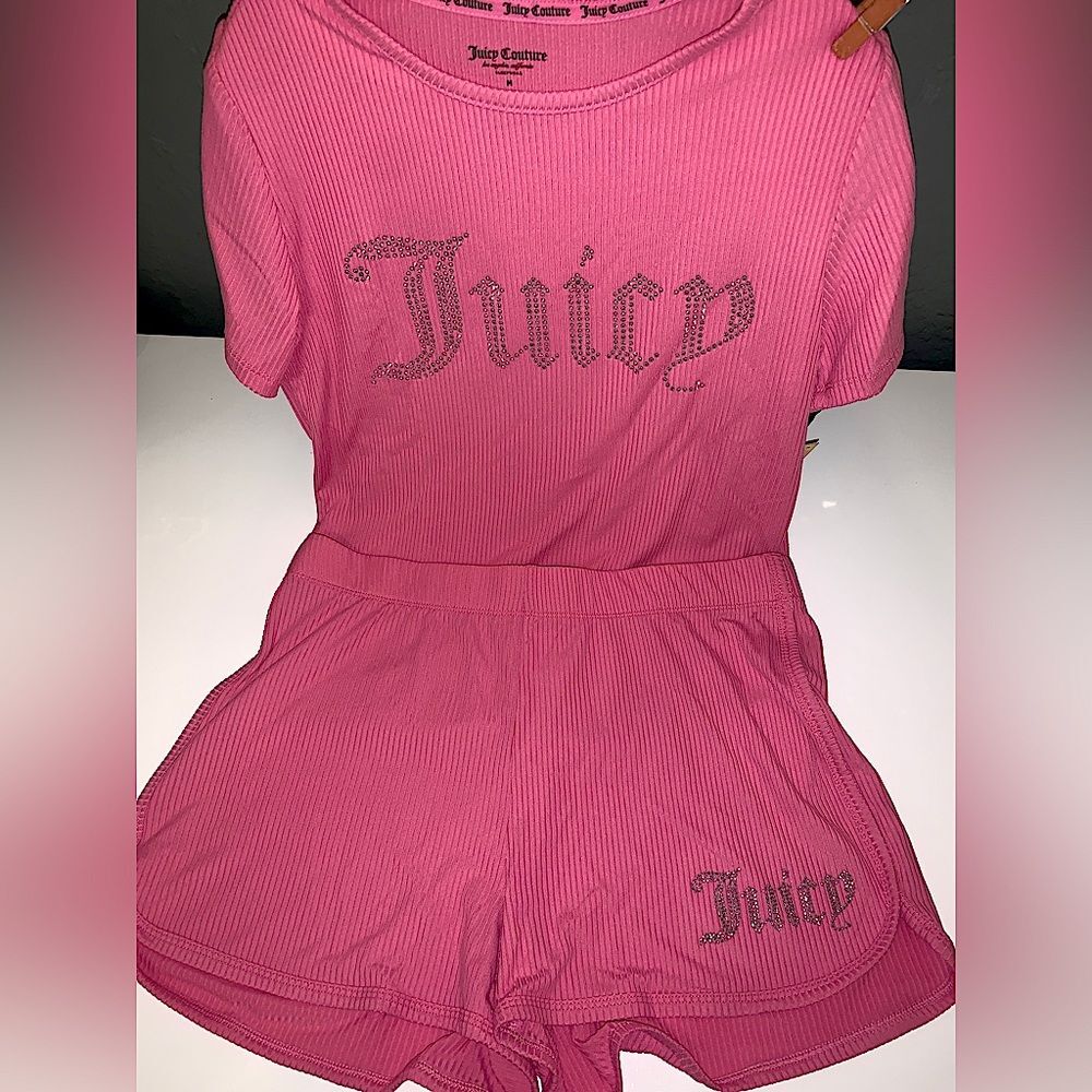 Juicy Couture Pink Ribbed Cotton Bling Logo Shorts Set Pajamas NEW
